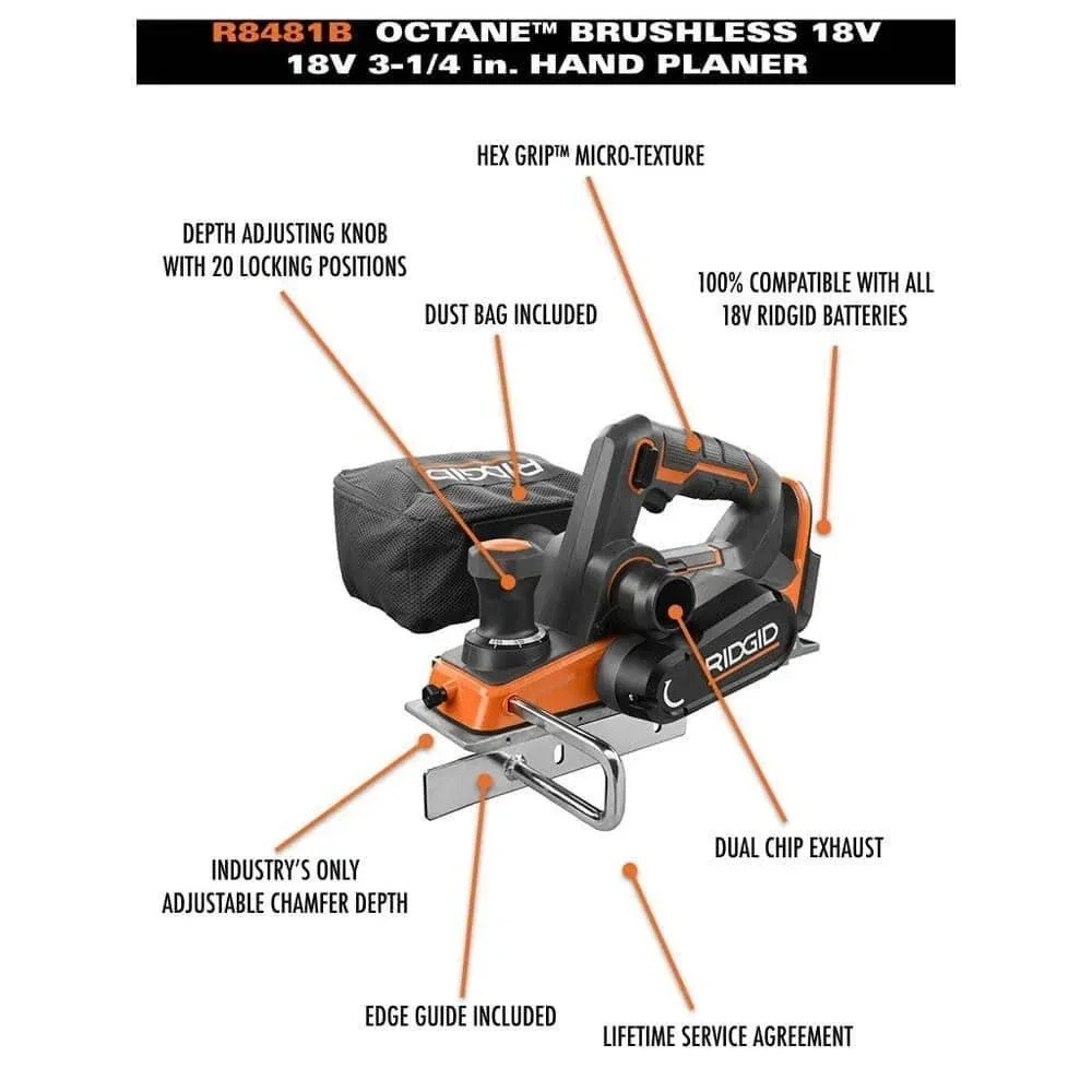 Ridgid 18V Octane Brushless Cordless 3-1/4 in. Hand Planer Tool Only Dust Bag